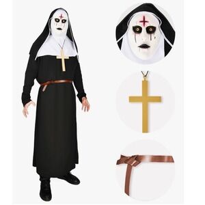 Halloween Horror Nun Black Robe Belt Habit + Mask Costume Cosplay Cross Sz XL